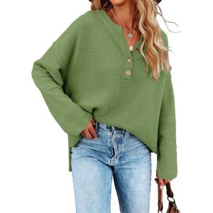 Saodimallsu Women’s Oversized Sweaters Batwing Long Sleeve Loose V Neck Button Henley Tops Pullover Knit Jumper(Grass Green)