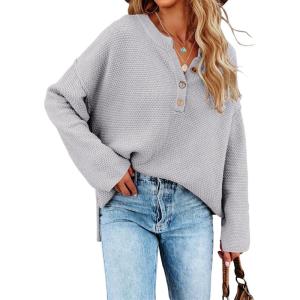 Saodimallsu Women’s Oversized Sweaters Batwing Long Sleeve Loose V Neck Button Henley Tops Pullover Knit Jumper(Gray)