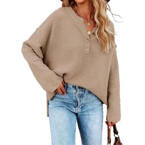 Saodimallsu Women’s Oversized Sweaters Batwing Long Sleeve Loose V Neck Button Henley Tops Pullover Knit Jumper(Khaki)