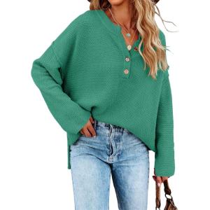Saodimallsu Women’s Oversized Sweaters Batwing Long Sleeve Loose V Neck Button Henley Tops Pullover Knit Jumper(Lake Green)