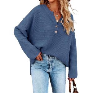 Saodimallsu Women’s Oversized Sweaters Batwing Long Sleeve Loose V Neck Button Henley Tops Pullover Knit Jumper(Navy)