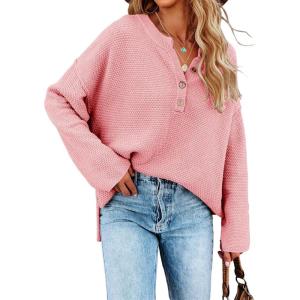 Saodimallsu Women’s Oversized Sweaters Batwing Long Sleeve Loose V Neck Button Henley Tops Pullover Knit Jumper(Pink)