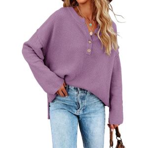 Saodimallsu Women’s Oversized Sweaters Batwing Long Sleeve Loose V Neck Button Henley Tops Pullover Knit Jumper(Purple)