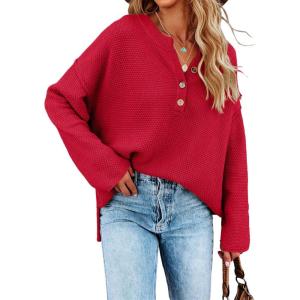 Saodimallsu Women’s Oversized Sweaters Batwing Long Sleeve Loose V Neck Button Henley Tops Pullover Knit Jumper(Red)