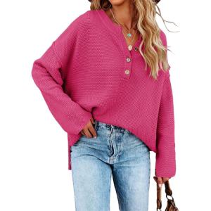 Saodimallsu Women’s Oversized Sweaters Batwing Long Sleeve Loose V Neck Button Henley Tops Pullover Knit Jumper(Rose Red)