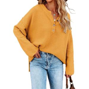 Saodimallsu Women’s Oversized Sweaters Batwing Long Sleeve Loose V Neck Button Henley Tops Pullover Knit Jumper(Yellow)