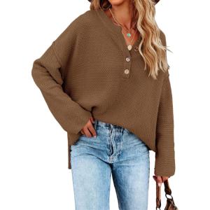 Saodimallsu Women’s Oversized Sweaters Batwing Long Sleeve Loose V Neck Button Henley Tops Pullover Knit Jumper(Z1 Brown)