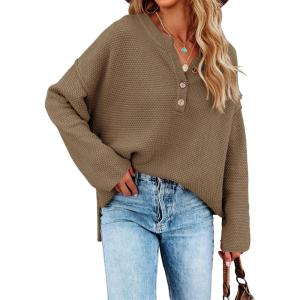 Saodimallsu Women’s Oversized Sweaters Batwing Long Sleeve Loose V Neck Button Henley Tops Pullover Knit Jumper(Z1 Coffee)