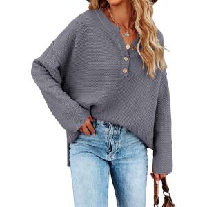 Saodimallsu Women’s Oversized Sweaters Batwing Long Sleeve Loose V Neck Button Henley Tops Pullover Knit Jumper(Z1 Dark Grey)