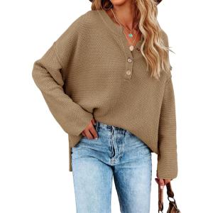 Saodimallsu Women’s Oversized Sweaters Batwing Long Sleeve Loose V Neck Button Henley Tops Pullover Knit Jumper(Z1 Dark Khaki)