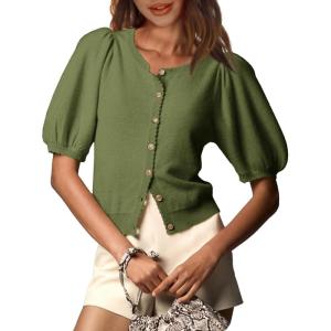 Saodimallsu Womens Puff Short Sleeve Cardigan Lightweight Summer Button Down Shirts Knit Crew Neck Sweater Tops(Army Green)