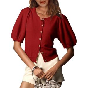Saodimallsu Womens Puff Short Sleeve Cardigan Lightweight Summer Button Down Shirts Knit Crew Neck Sweater Tops(Wine Red)