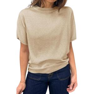 Saodimallsu Womens Short Sleeve Sweater Casual Basic Crew Neck Loose Knit Pullover Tops Summer Lightweight Blouses(Apricot)