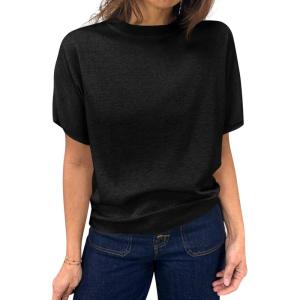 Saodimallsu Womens Short Sleeve Sweater Casual Basic Crew Neck Loose Knit Pullover Tops Summer Lightweight Blouses(Black)