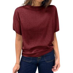 Saodimallsu Womens Short Sleeve Sweater Casual Basic Crew Neck Loose Knit Pullover Tops Summer Lightweight Blouses(Burgundy)