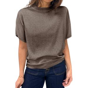 Saodimallsu Womens Short Sleeve Sweater Casual Basic Crew Neck Loose Knit Pullover Tops Summer Lightweight Blouses(Coffee)