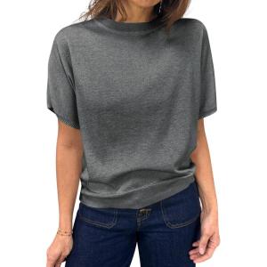 Saodimallsu Womens Short Sleeve Sweater Casual Basic Crew Neck Loose Knit Pullover Tops Summer Lightweight Blouses(Grey)