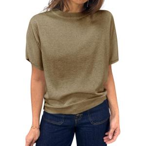 Saodimallsu Womens Short Sleeve Sweater Casual Basic Crew Neck Loose Knit Pullover Tops Summer Lightweight Blouses(Khaki)
