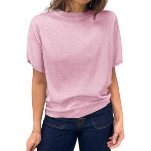 Saodimallsu Womens Short Sleeve Sweater Casual Basic Crew Neck Loose Knit Pullover Tops Summer Lightweight Blouses(Light Pink)