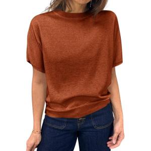 Saodimallsu Womens Short Sleeve Sweater Casual Basic Crew Neck Loose Knit Pullover Tops Summer Lightweight Blouses(Orange)