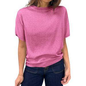 Saodimallsu Womens Short Sleeve Sweater Casual Basic Crew Neck Loose Knit Pullover Tops Summer Lightweight Blouses(Pink)