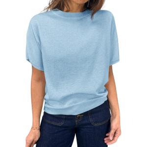 Saodimallsu Womens Short Sleeve Sweater Casual Basic Crew Neck Loose Knit Pullover Tops Summer Lightweight Blouses(Sky Blue)
