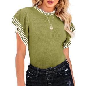Saodimallsu Womens Short Sleeve Sweaters Tops Summer Ruffle Striped Loose Crew Neck Lightweight Soft Shirts Knit Sweater(Army Green)