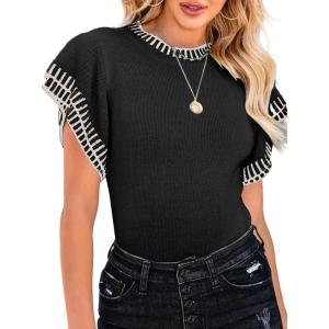 Saodimallsu Womens Short Sleeve Sweaters Tops Summer Ruffle Striped Loose Crew Neck Lightweight Soft Shirts Knit Sweater(Black)