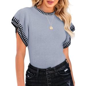 Saodimallsu Womens Short Sleeve Sweaters Tops Summer Ruffle Striped Loose Crew Neck Lightweight Soft Shirts Knit Sweater(Blue)