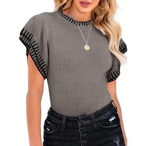 Saodimallsu Womens Short Sleeve Sweaters Tops Summer Ruffle Striped Loose Crew Neck Lightweight Soft Shirts Knit Sweater(Grey)
