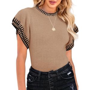 Saodimallsu Womens Short Sleeve Sweaters Tops Summer Ruffle Striped Loose Crew Neck Lightweight Soft Shirts Knit Sweater(Khaki)