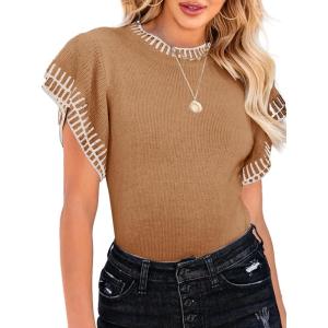 Saodimallsu Womens Short Sleeve Sweaters Tops Summer Ruffle Striped Loose Crew Neck Lightweight Soft Shirts Knit Sweater(Light Khaki)