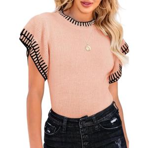 Saodimallsu Womens Short Sleeve Sweaters Tops Summer Ruffle Striped Loose Crew Neck Lightweight Soft Shirts Knit Sweater(Pink)