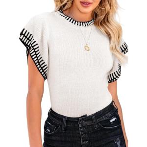 Saodimallsu Womens Short Sleeve Sweaters Tops Summer Ruffle Striped Loose Crew Neck Lightweight Soft Shirts Knit Sweater(White)