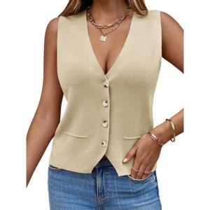 Saodimallsu Womens Sleeveless Sweater Vest Knit V Neck Button Fashion Casual Loose Spring Summer Waistcoat Cardigan(Apricot)