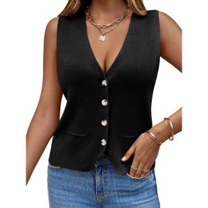 Saodimallsu Womens Sleeveless Sweater Vest Knit V Neck Button Fashion Casual Loose Spring Summer Waistcoat Cardigan(Black)