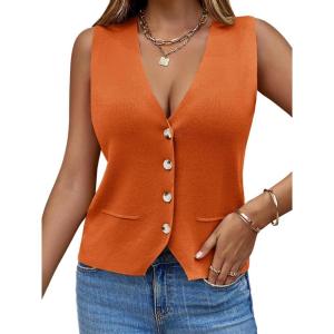 Saodimallsu Womens Sleeveless Sweater Vest Knit V Neck Button Fashion Casual Loose Spring Summer Waistcoat Cardigan(Brick Red)