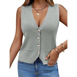 Saodimallsu Womens Sleeveless Sweater Vest Knit V Neck Button Fashion Casual Loose Spring Summer Waistcoat Cardigan(Light Grey)