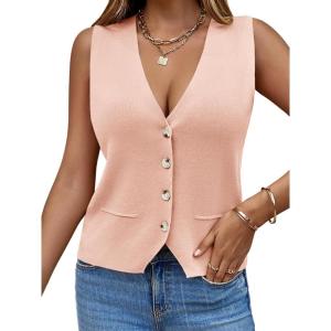Saodimallsu Womens Sleeveless Sweater Vest Knit V Neck Button Fashion Casual Loose Spring Summer Waistcoat Cardigan(Light Pink)