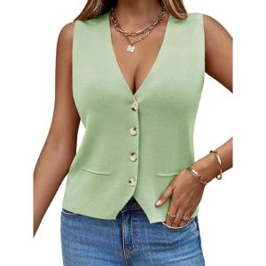 Saodimallsu Womens Sleeveless Sweater Vest Knit V Neck Button Fashion Casual Loose Spring Summer Waistcoat Cardigan(Mint Color)