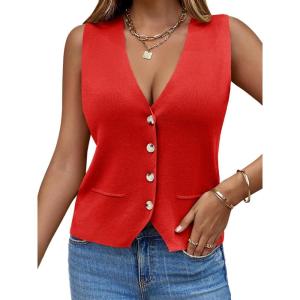 Saodimallsu Womens Sleeveless Sweater Vest Knit V Neck Button Fashion Casual Loose Spring Summer Waistcoat Cardigan(Red)