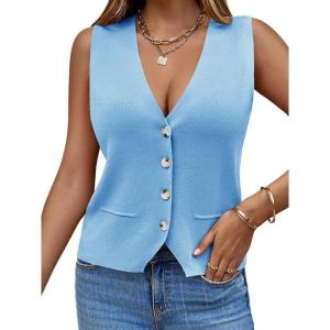 Saodimallsu Womens Sleeveless Sweater Vest Knit V Neck Button Fashion Casual Loose Spring Summer Waistcoat Cardigan(Sky Blue)