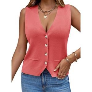 Saodimallsu Womens Sleeveless Sweater Vest Knit V Neck Button Fashion Casual Loose Spring Summer Waistcoat Cardigan(Watermelon Red)
