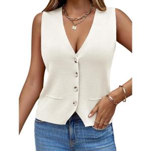 Saodimallsu Womens Sleeveless Sweater Vest Knit V Neck Button Fashion Casual Loose Spring Summer Waistcoat Cardigan(White)