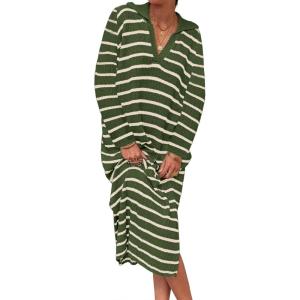 Saodimallsu Womens Striped Sweater Dress Fall Chunky Knit V Neck Collared Long Sleeve Sexy Slit Loose Midi Dresses(Army Green)