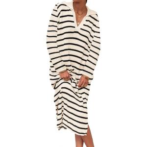 Saodimallsu Womens Striped Sweater Dress Fall Chunky Knit V Neck Collared Long Sleeve Sexy Slit Loose Midi Dresses(Beige)