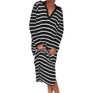 Saodimallsu Womens Striped Sweater Dress Fall Chunky Knit V Neck Collared Long Sleeve Sexy Slit Loose Midi Dresses(Black)