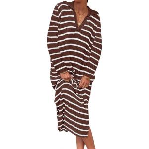 Saodimallsu Womens Striped Sweater Dress Fall Chunky Knit V Neck Collared Long Sleeve Sexy Slit Loose Midi Dresses(Brown)