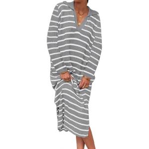 Saodimallsu Womens Striped Sweater Dress Fall Chunky Knit V Neck Collared Long Sleeve Sexy Slit Loose Midi Dresses(Grey)