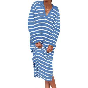 Saodimallsu Womens Striped Sweater Dress Fall Chunky Knit V Neck Collared Long Sleeve Sexy Slit Loose Midi Dresses(Light Blue)